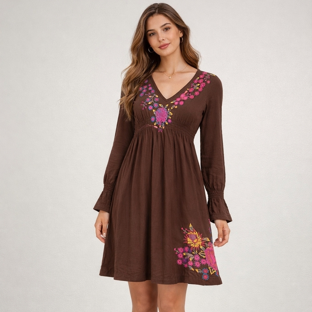 Johnny Was Brown Long Sleeve Floral Embroidered V Cut Neck Short Dress